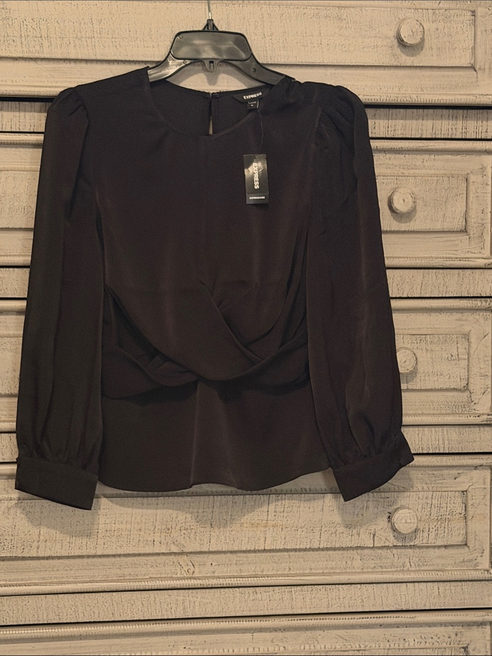 Express Black Draped Front Long-Sleeve Blouse